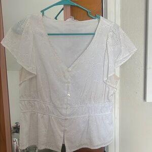 Time and Tru White Eyelet V-Neck Button Front Blouse